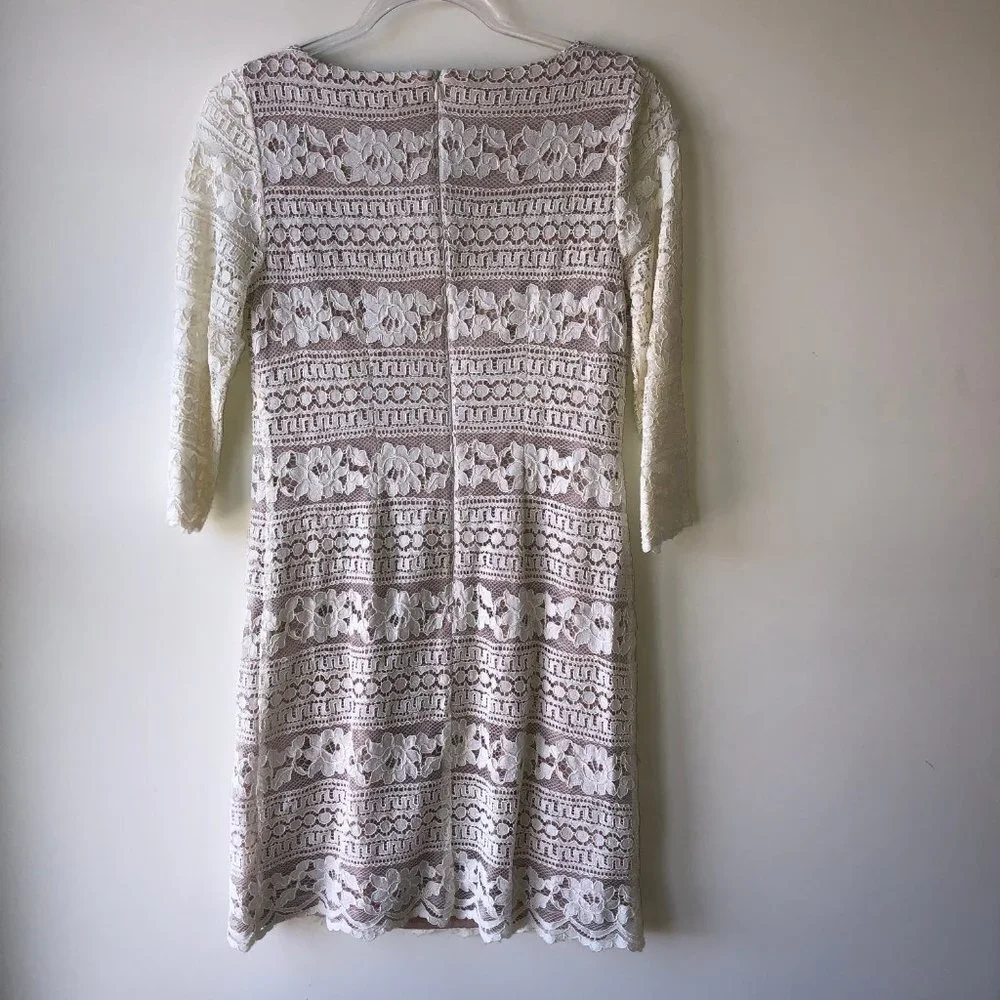 Eliza J Cream Lace Overlay 3/4 Sleeve Midi Shift Dress Size 6 - Picture 6 of 8